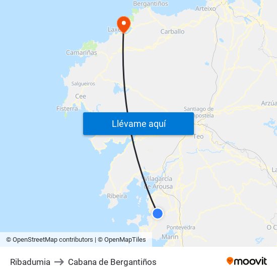 Ribadumia to Cabana de Bergantiños map