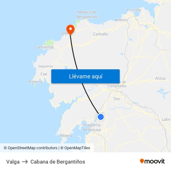 Valga to Cabana de Bergantiños map
