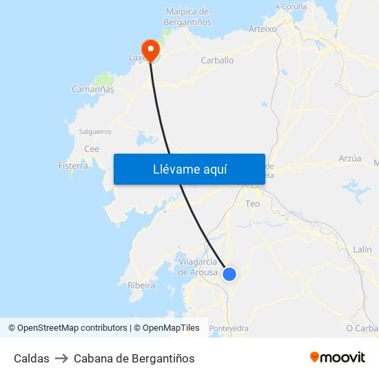 Caldas to Cabana de Bergantiños map