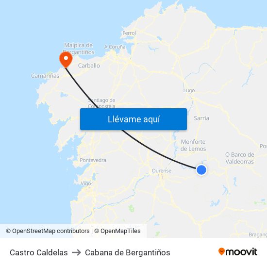 Castro Caldelas to Cabana de Bergantiños map