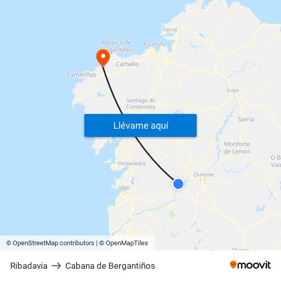 Ribadavia to Cabana de Bergantiños map