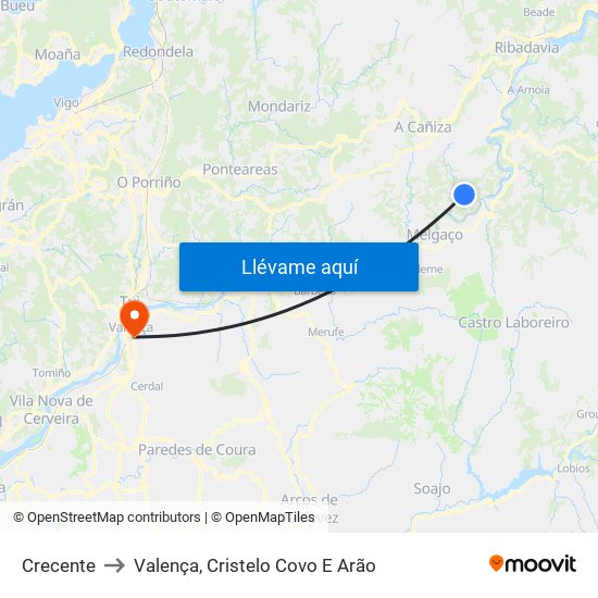 Crecente to Valença, Cristelo Covo E Arão map