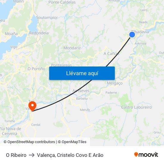 O Ribeiro to Valença, Cristelo Covo E Arão map