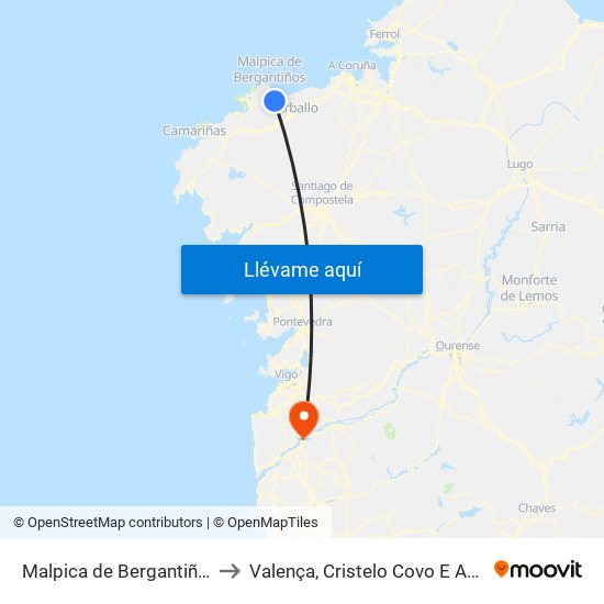 Malpica de Bergantiños to Valença, Cristelo Covo E Arão map