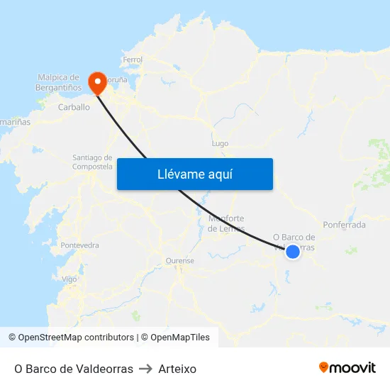 O Barco de Valdeorras to Arteixo map