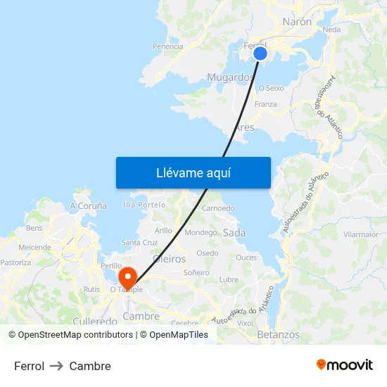 Ferrol to Cambre map