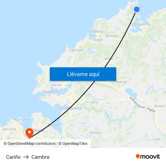 Cariño to Cambre map