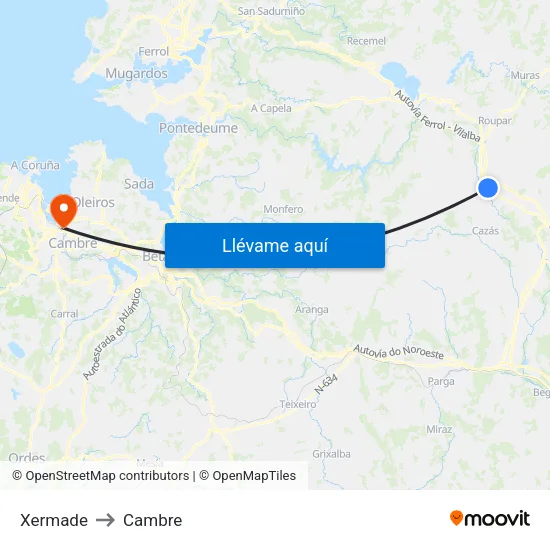 Xermade to Cambre map