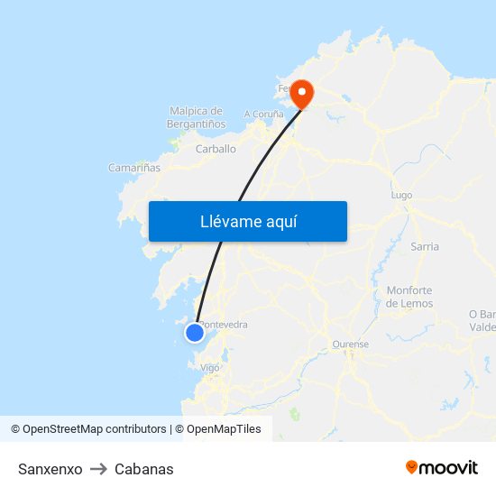 Sanxenxo to Cabanas map