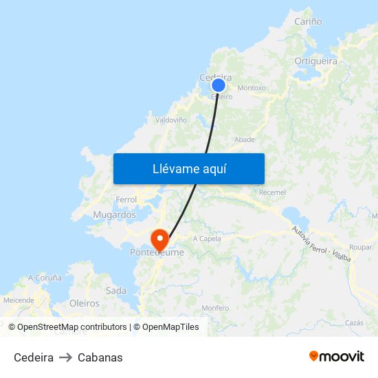 Cedeira to Cabanas map