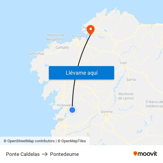 Ponte Caldelas to Pontedeume map