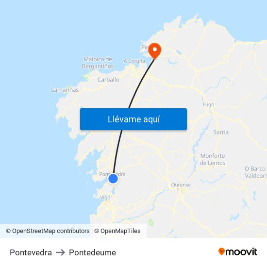 Pontevedra to Pontedeume map