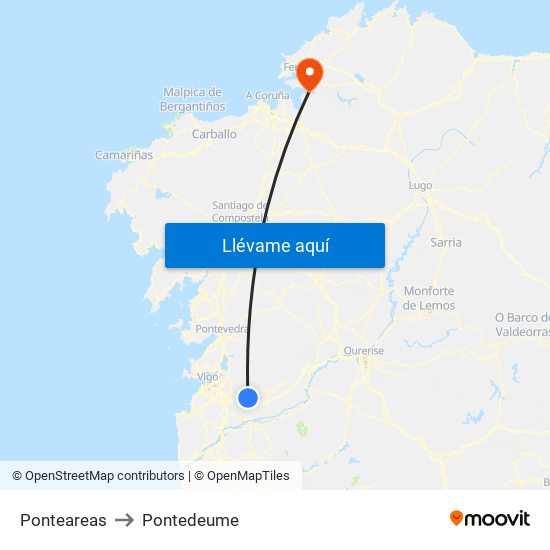 Ponteareas to Pontedeume map