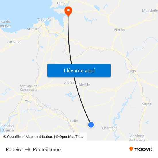 Rodeiro to Pontedeume map