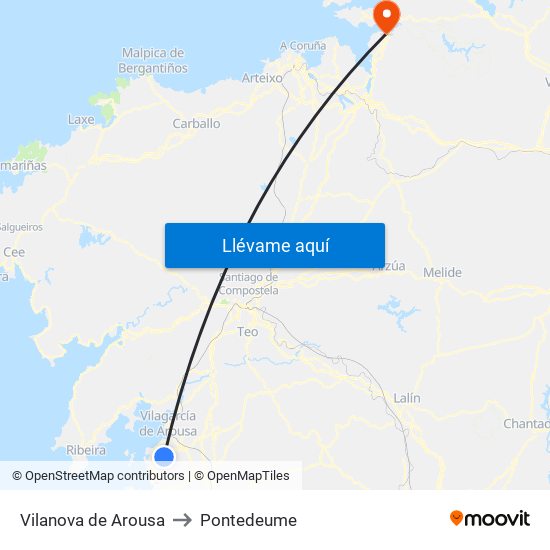 Vilanova de Arousa to Pontedeume map