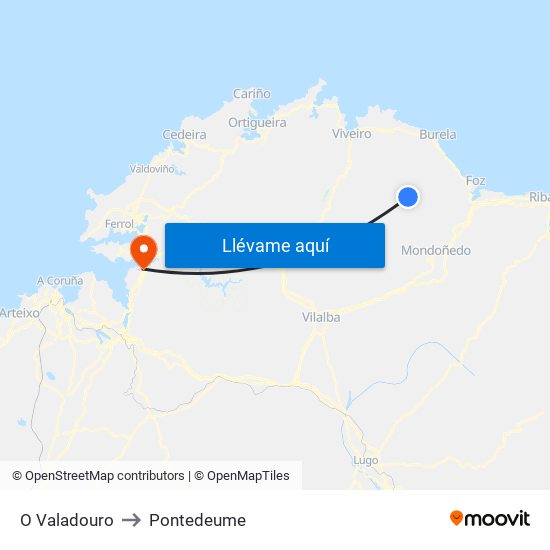 O Valadouro to Pontedeume map