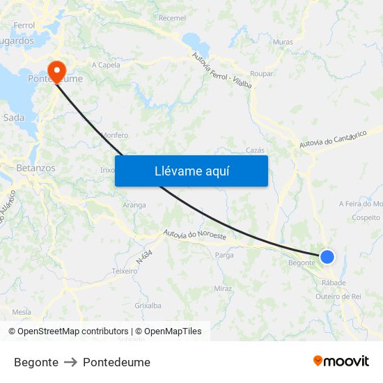 Begonte to Pontedeume map
