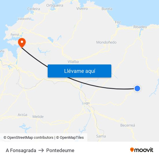 A Fonsagrada to Pontedeume map