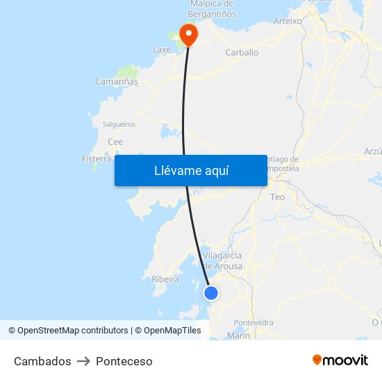 Cambados to Ponteceso map