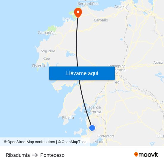 Ribadumia to Ponteceso map