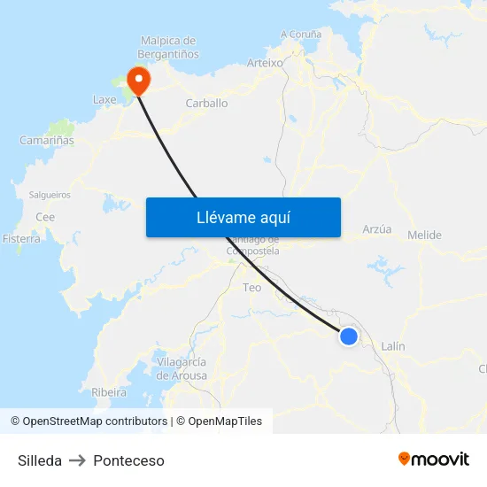 Silleda to Ponteceso map