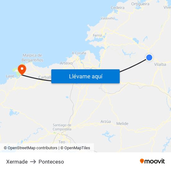 Xermade to Ponteceso map