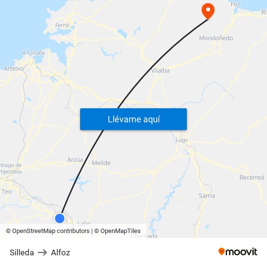 Silleda to Alfoz map