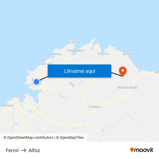 Ferrol to Alfoz map