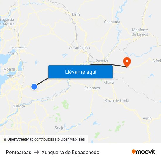 Ponteareas to Xunqueira de Espadanedo map
