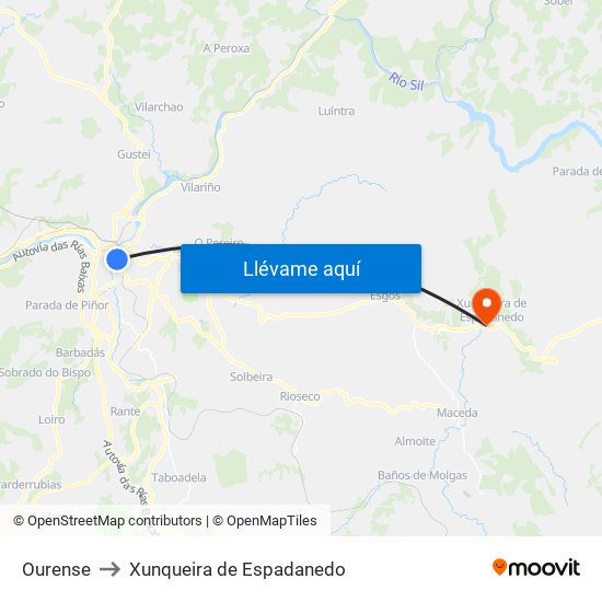 Ourense to Xunqueira de Espadanedo map
