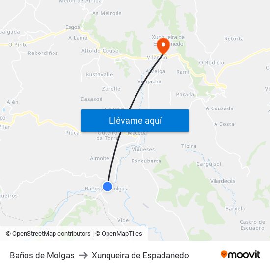 Baños de Molgas to Xunqueira de Espadanedo map