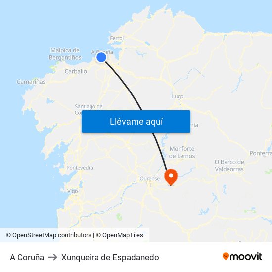A Coruña to Xunqueira de Espadanedo map