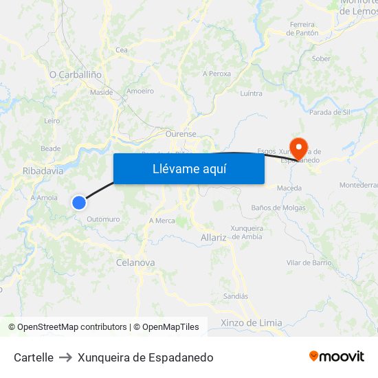 Cartelle to Xunqueira de Espadanedo map