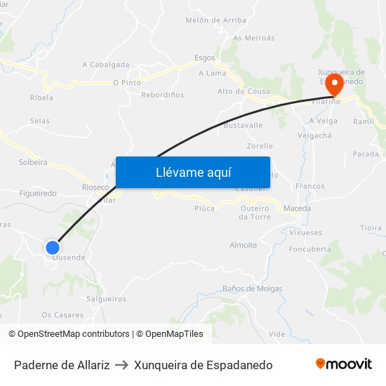 Paderne de Allariz to Xunqueira de Espadanedo map