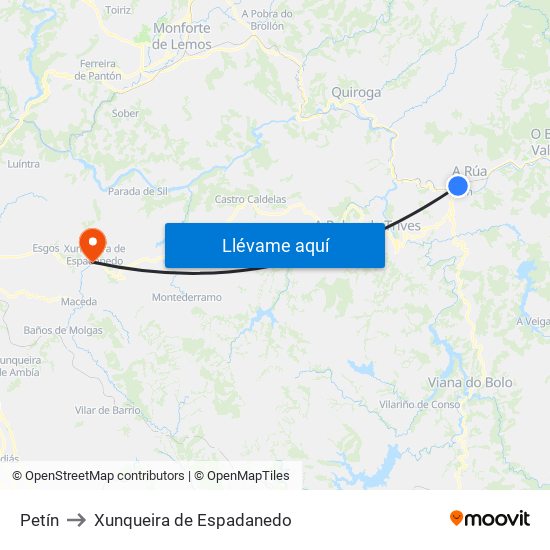 Petín to Xunqueira de Espadanedo map