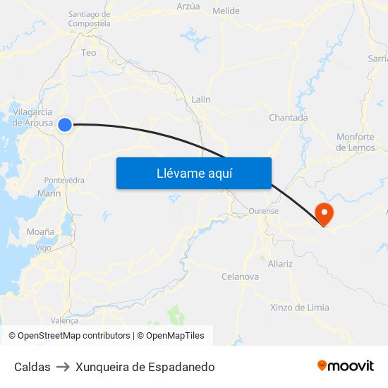 Caldas to Xunqueira de Espadanedo map