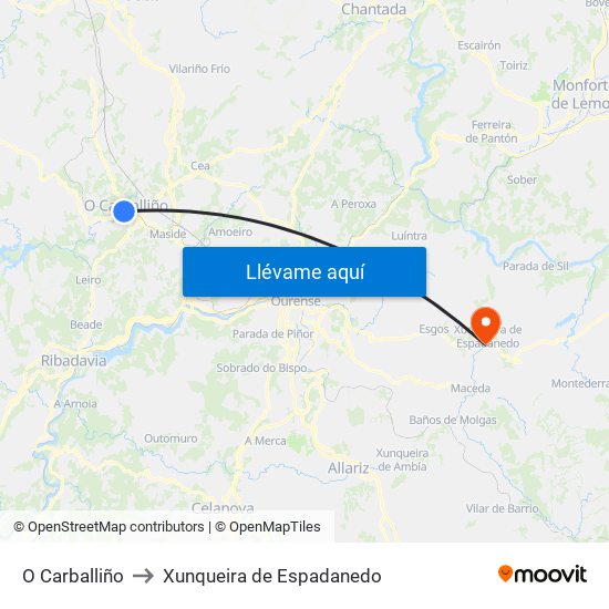 O Carballiño to Xunqueira de Espadanedo map