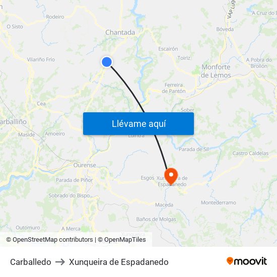 Carballedo to Xunqueira de Espadanedo map
