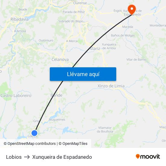 Lobios to Xunqueira de Espadanedo map