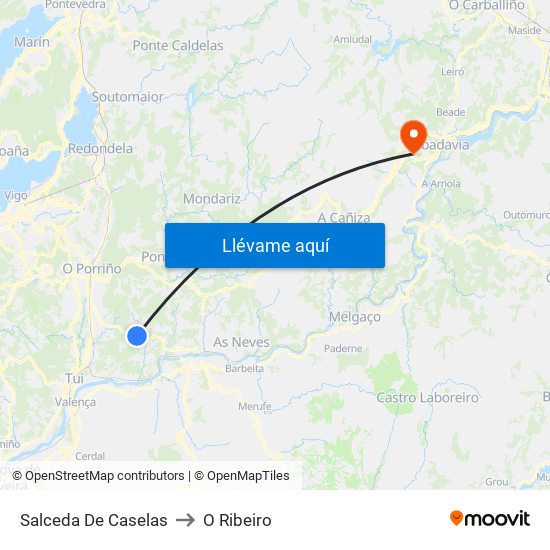 Salceda De Caselas to O Ribeiro map