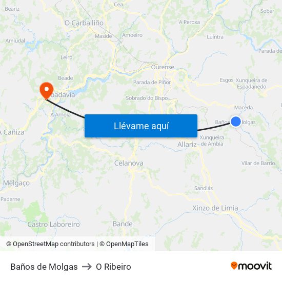 Baños de Molgas to O Ribeiro map
