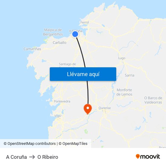 A Coruña to O Ribeiro map