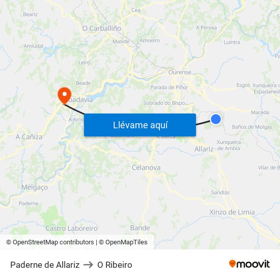 Paderne de Allariz to O Ribeiro map