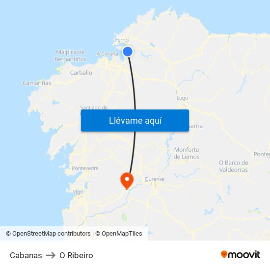 Cabanas to O Ribeiro map