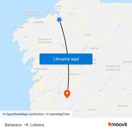Betanzos to Lobeira map