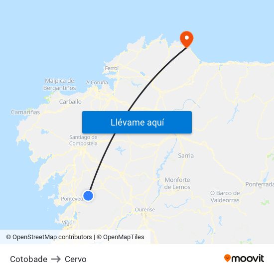Cotobade to Cervo map