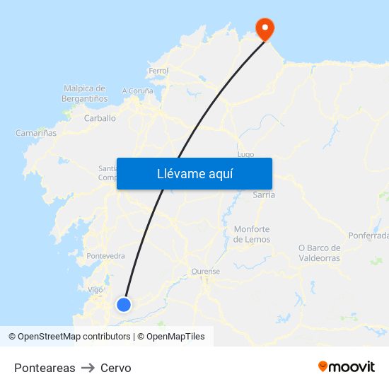 Ponteareas to Cervo map