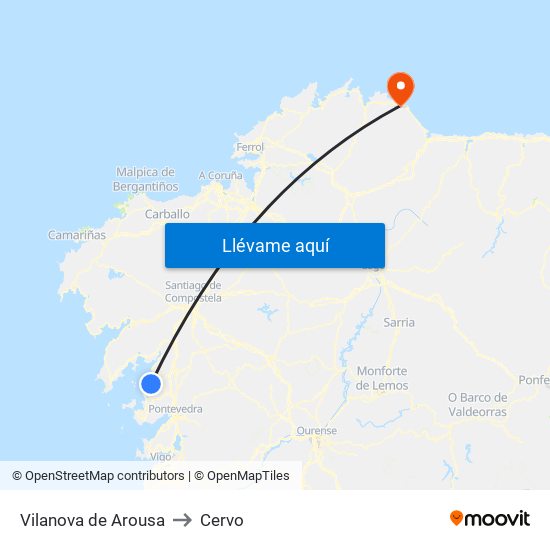 Vilanova de Arousa to Cervo map