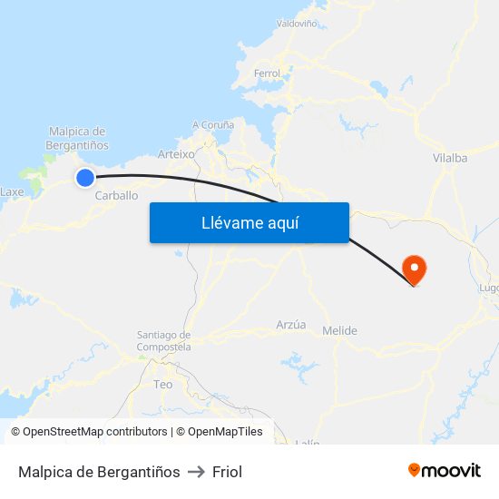 Malpica de Bergantiños to Friol map