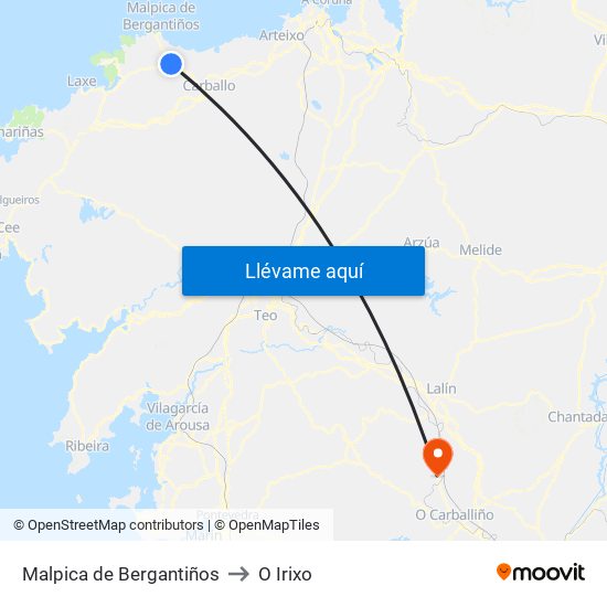 Malpica de Bergantiños to O Irixo map